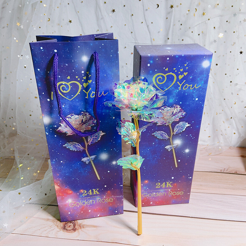 Gold Foil Color Gold Rose Handmade Flower Starry Sky Crystal Luminous Gradient Color Tanabata Valentine&#39;s Day Mother&#39;s Day Birthday Gift