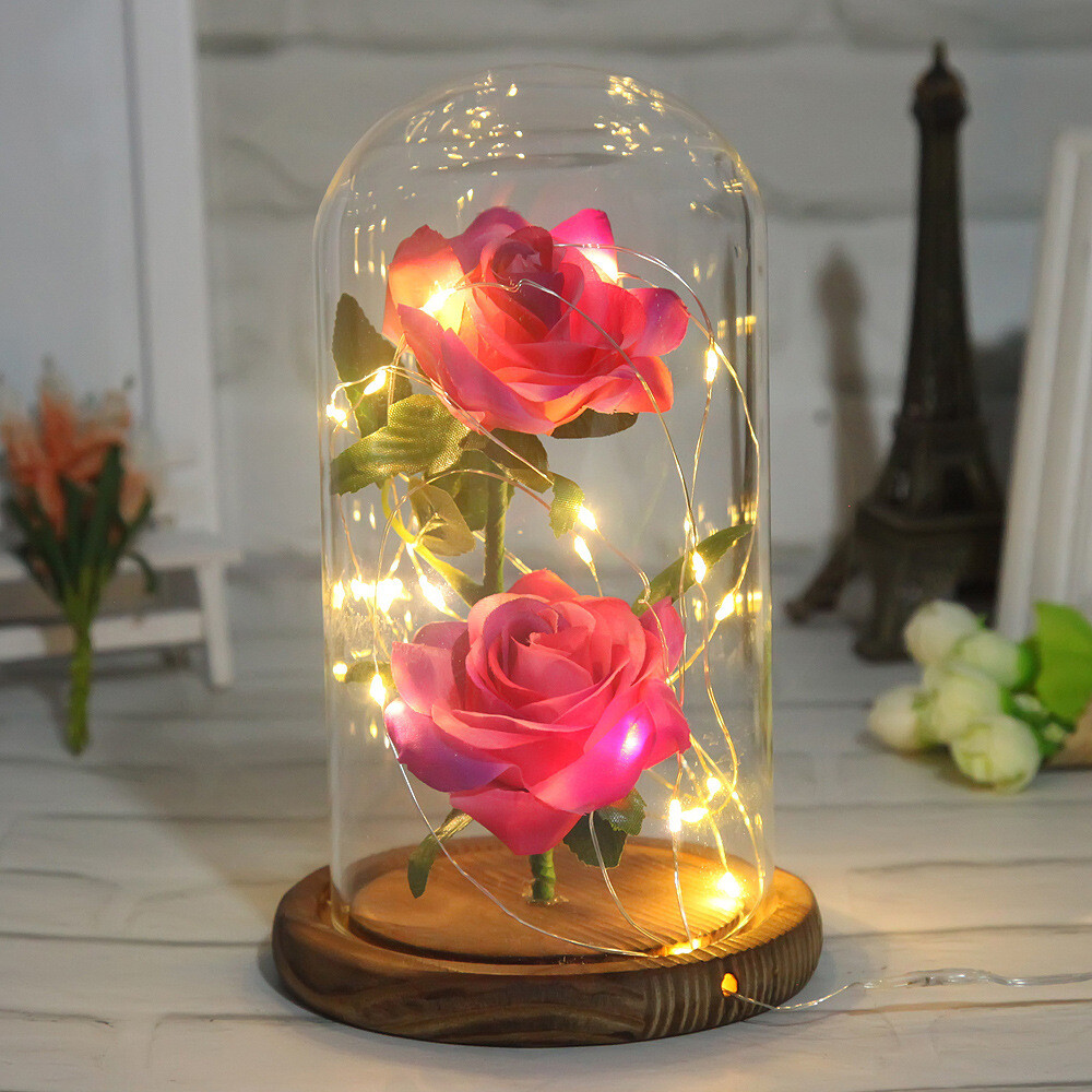 Romantic Immortal Flower Micro Landscape Rose Simulation Glass Shade Led Llight