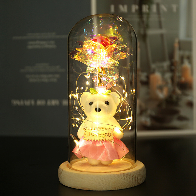 Colorful Gold Leaf Flower Gold Imitation Product With Lamp Immortal Rose Flower Glass Cover Led Gift Box Set Stall Decoration