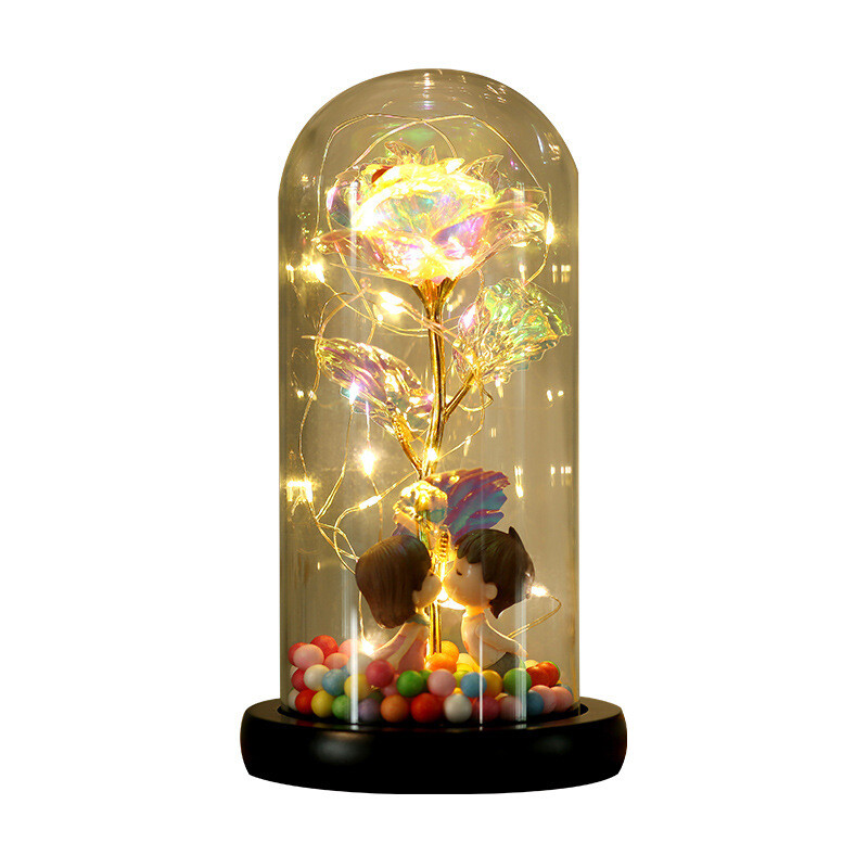 Colorful Gold Leaf Flower Gold Imitation Product With Lamp Immortal Rose Flower Glass Cover Led Gift Box Set Stall Decoration