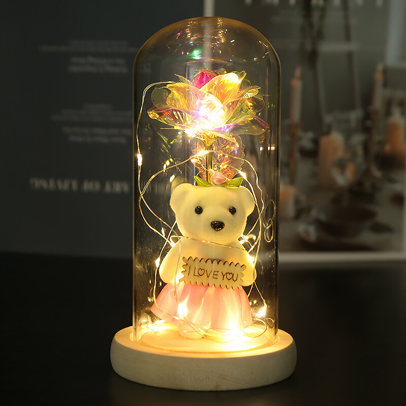 Colorful Gold Leaf Flower Gold Imitation Product With Lamp Immortal Rose Flower Glass Cover Led Gift Box Set Stall Decoration