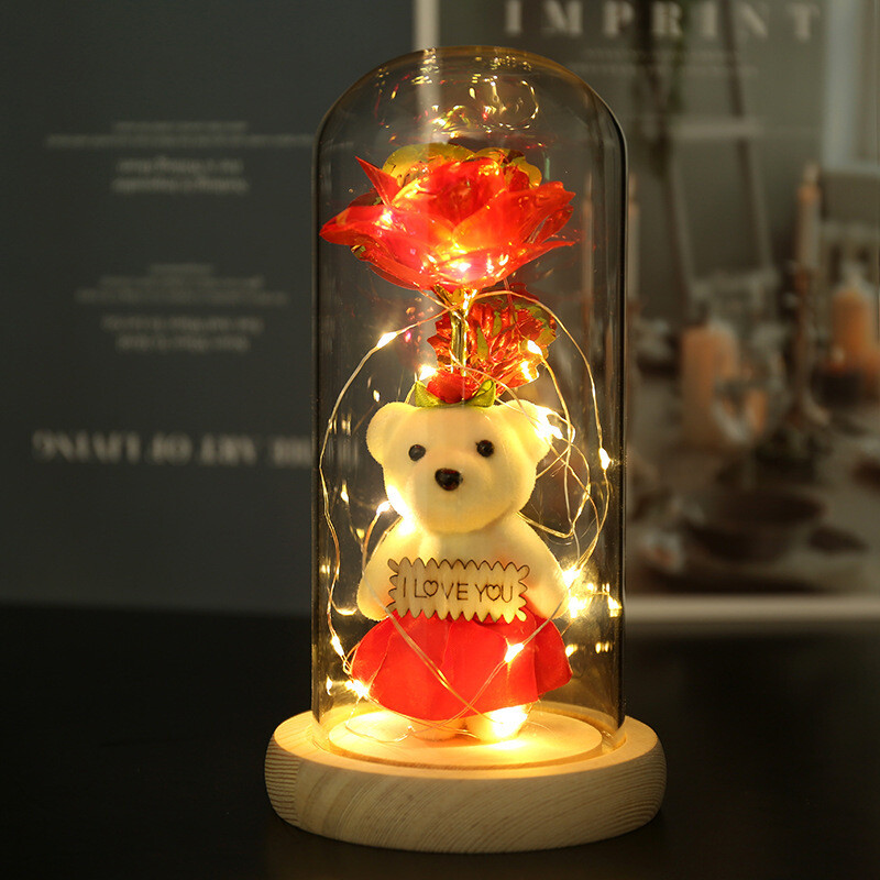 Colorful Gold Leaf Flower Gold Imitation Product With Lamp Immortal Rose Flower Glass Cover Led Gift Box Set Stall Decoration