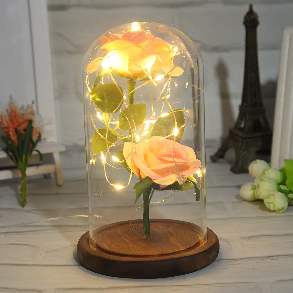 Romantic Immortal Flower Micro Landscape Rose Simulation Glass Shade Led Llight