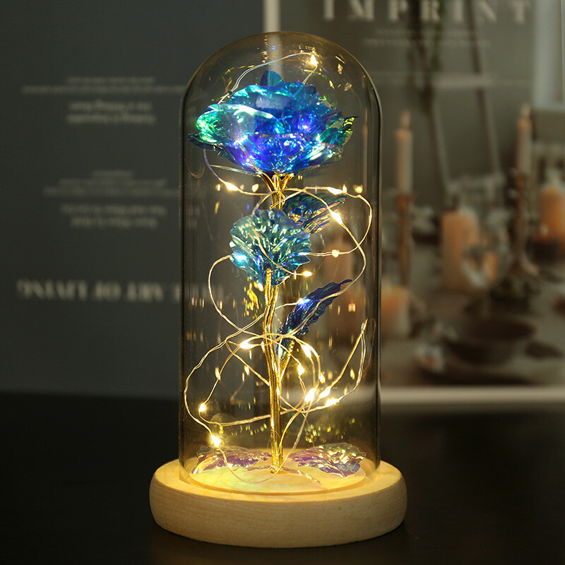 Colorful Gold Leaf Flower Gold Imitation Product With Lamp Immortal Rose Flower Glass Cover Led Gift Box Set Stall Decoration