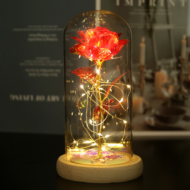 Colorful Gold Leaf Flower Gold Imitation Product With Lamp Immortal Rose Flower Glass Cover Led Gift Box Set Stall Decoration