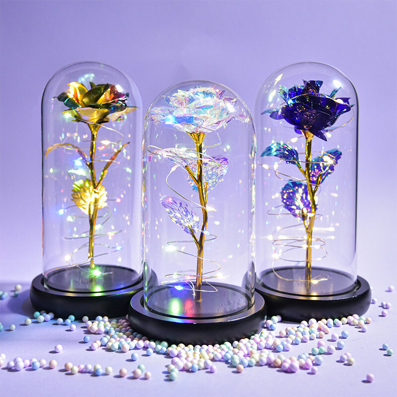 Colorful 24k Gold Leaf Flower Color Gold Imitation Product With Lamp Immortal Rose Flower Glass Cover Led Gift Box Set Stall Decoration