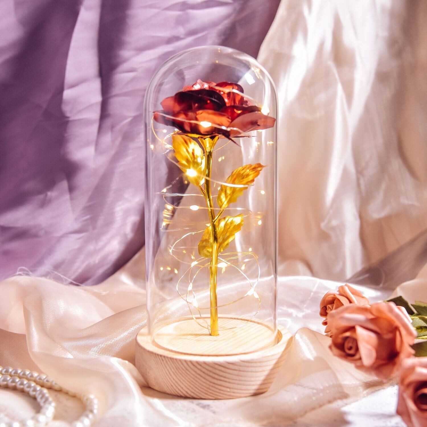 Colorful 24k Gold Leaf Flower Color Gold Imitation Product With Lamp Immortal Rose Flower Glass Cover Led Gift Box Set Stall Decoration
