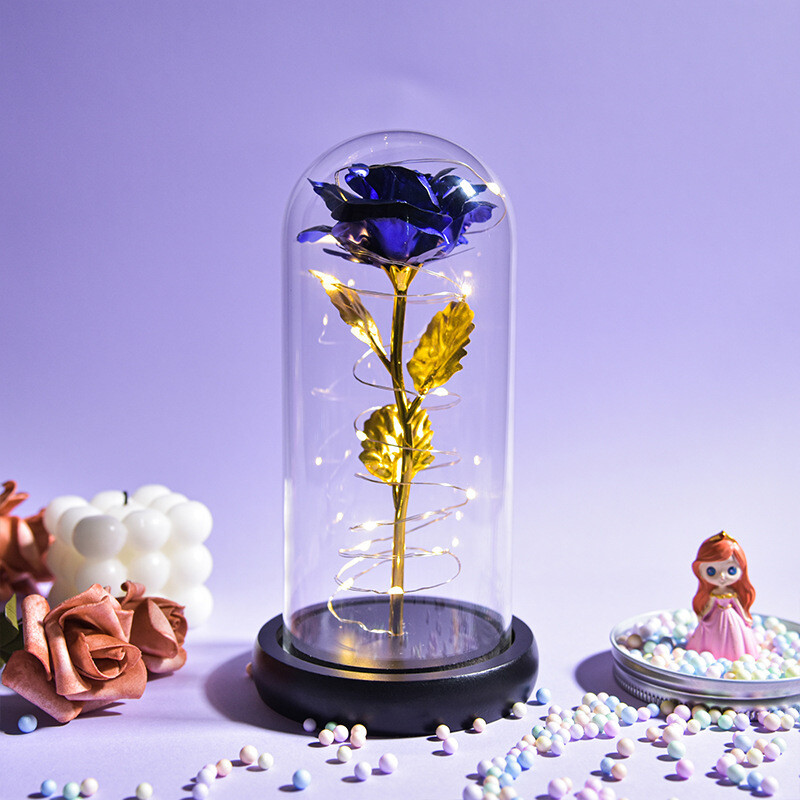 Colorful 24k Gold Leaf Flower Color Gold Imitation Product With Lamp Immortal Rose Flower Glass Cover Led Gift Box Set Stall Decoration
