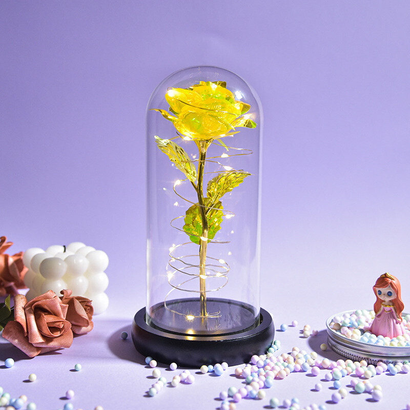 Colorful 24k Gold Leaf Flower Color Gold Imitation Product With Lamp Immortal Rose Flower Glass Cover Led Gift Box Set Stall Decoration