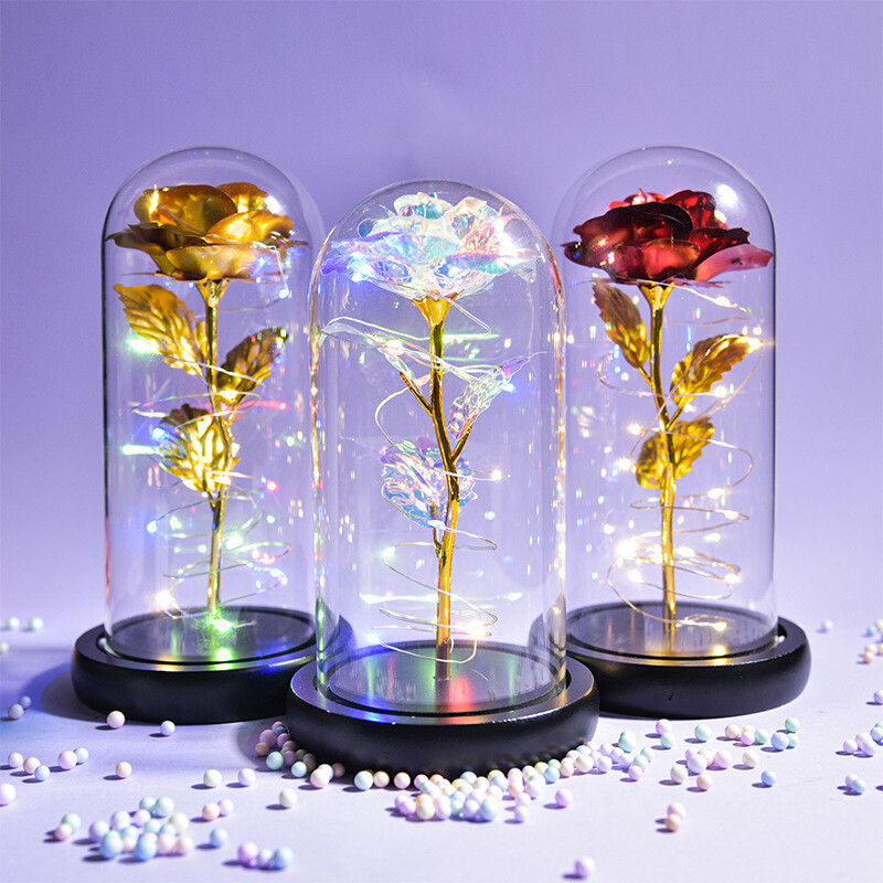 Colorful 24k Gold Leaf Flower Color Gold Imitation Product With Lamp Immortal Rose Flower Glass Cover Led Gift Box Set Stall Decoration
