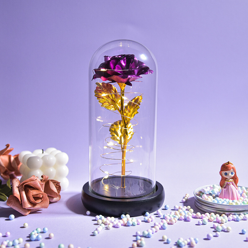 Colorful 24k Gold Leaf Flower Color Gold Imitation Product With Lamp Immortal Rose Flower Glass Cover Led Gift Box Set Stall Decoration