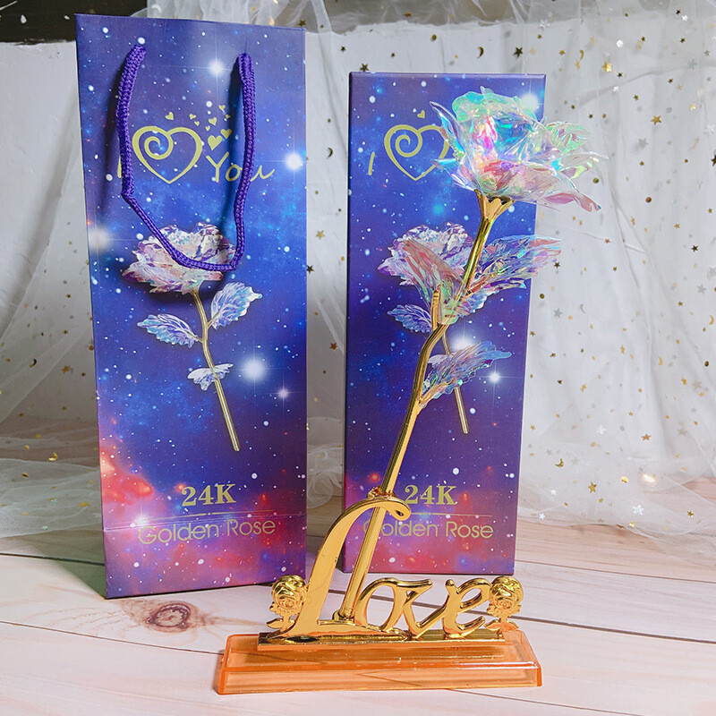 Gold Foil Color Gold Rose Handmade Flower Starry Sky Crystal Luminous Gradient Color Tanabata Valentine&#39;s Day Mother&#39;s Day Birthday Gift, Color: Color gold rose + starry sky gift box + love base