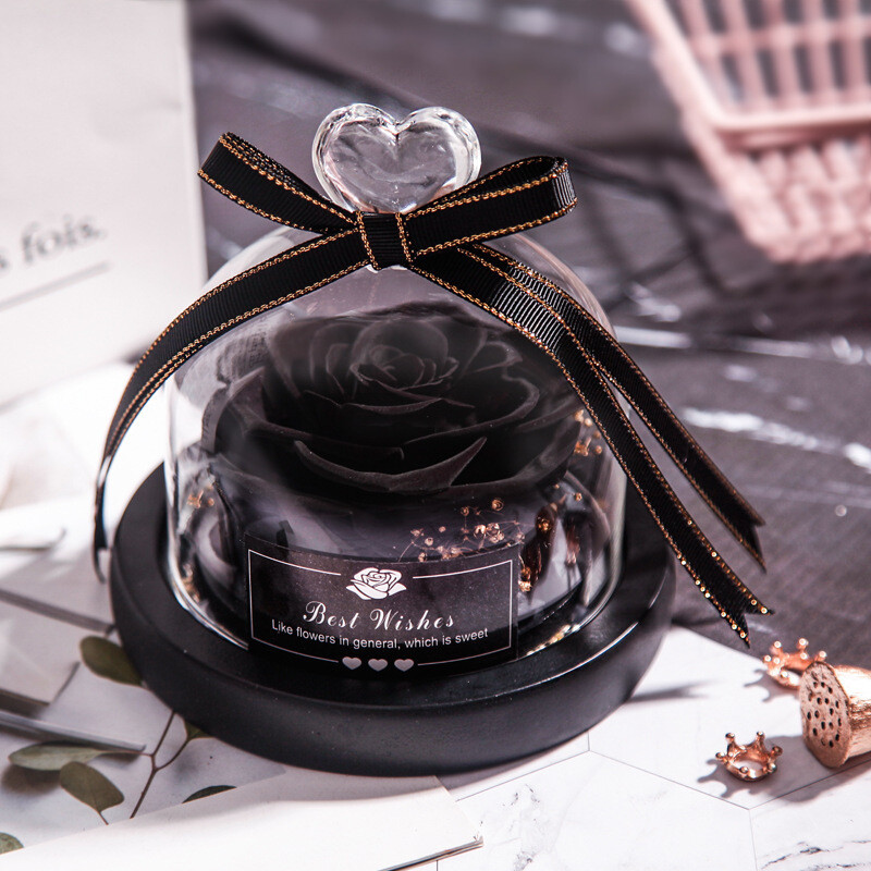 Everlasting Flower Gift Box Glass Cover Decoration Red Preservative Roses Mother&#39;s Day Valentine&#39;s Day Birthday Gift Customization, Color: Mysterious black
