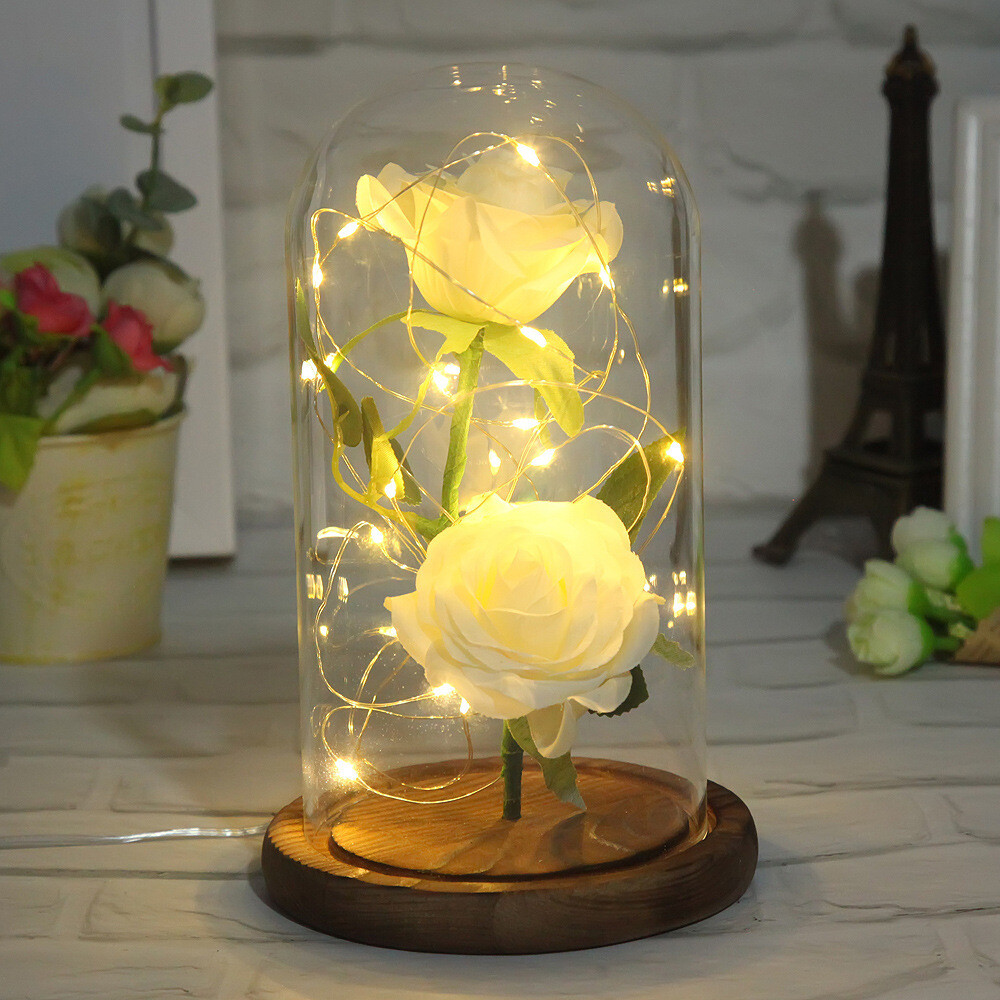 Romantic Immortal Flower Micro Landscape Rose Simulation Glass Shade Led Llight, Color: White, Size: 10*18cm