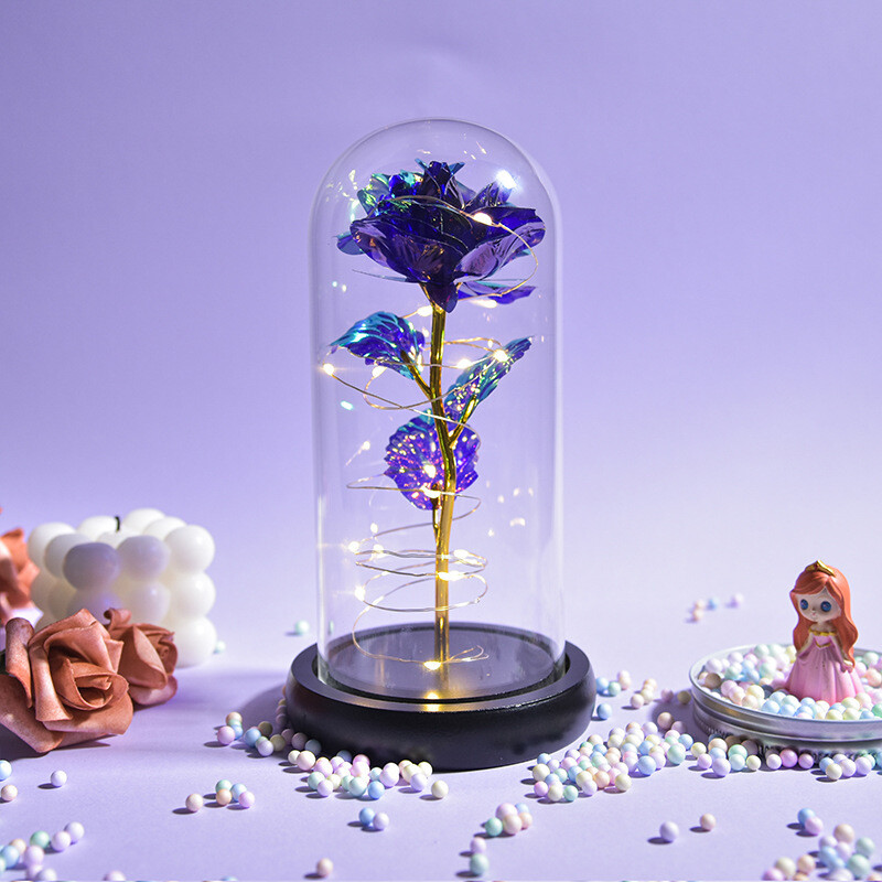 Colorful 24k Gold Leaf Flower Color Gold Imitation Product With Lamp Immortal Rose Flower Glass Cover Led Gift Box Set Stall Decoration, Color: Light purple gold leaf flower black base