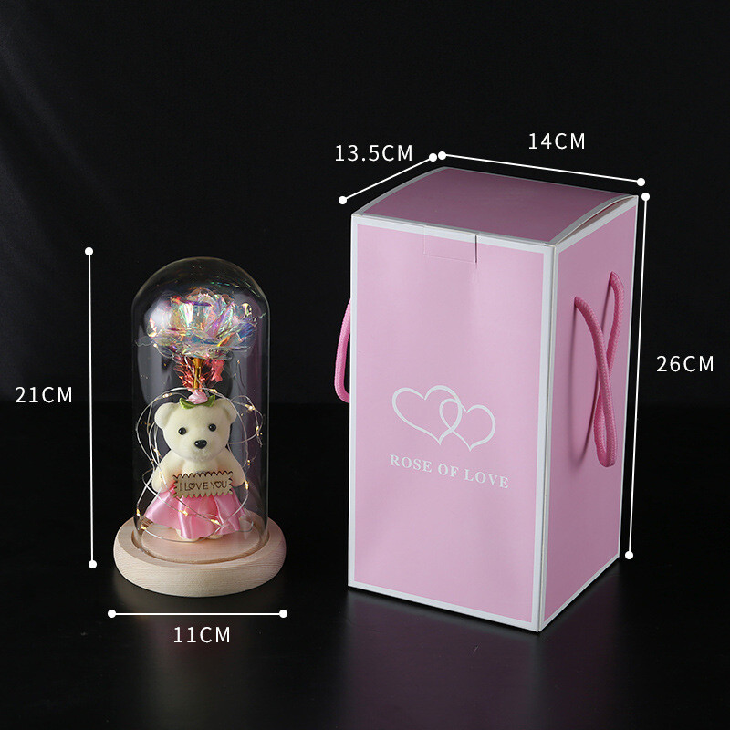 Colorful Gold Leaf Flower Gold Imitation Product With Lamp Immortal Rose Flower Glass Cover Led Gift Box Set Stall Decoration, Color: Single gift box