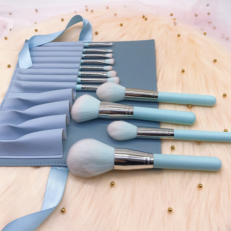 Light Blue Wooden Handle Makeup Brush Set