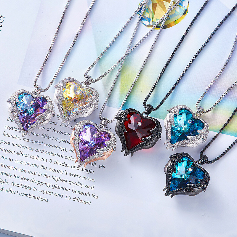  Jewelry Ocean Heart Necklace Angel Wings Crystal Chain Necklace 