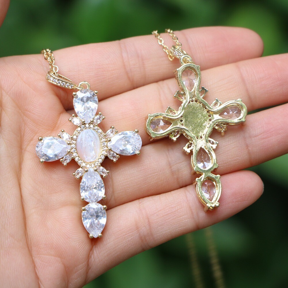 Catholic Virgin Mary Necklace Cross  Micro-set Zircon Shell Pendant Jewelry