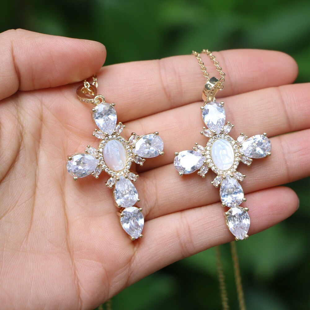 Catholic Virgin Mary Necklace Cross  Micro-set Zircon Shell Pendant Jewelry, Color: Golden
