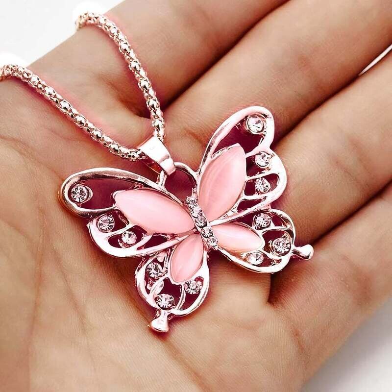 Ladies Butterfly Opal Sparkling Diamond Hollow Necklace
