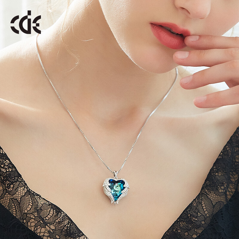  Jewelry Ocean Heart Necklace Angel Wings Crystal Chain Necklace 