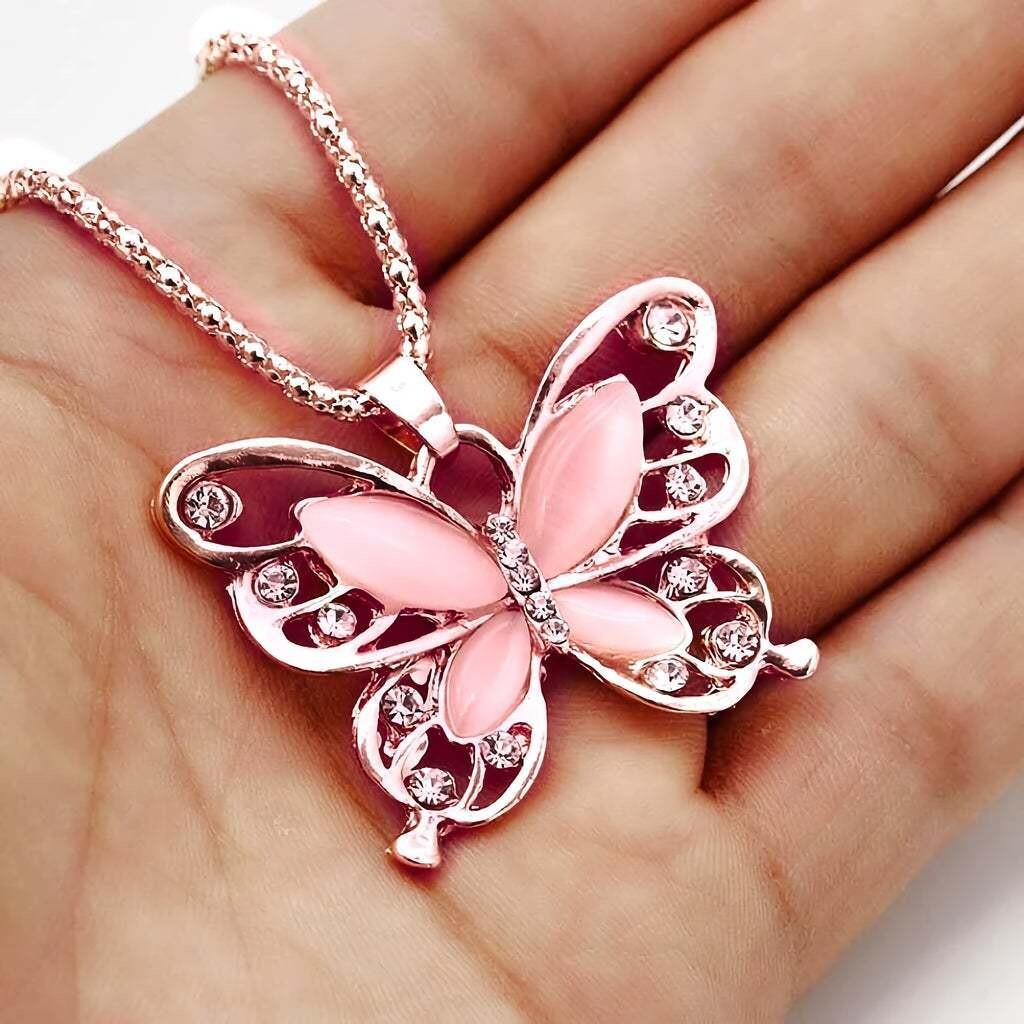 Ladies Butterfly Opal Sparkling Diamond Hollow Necklace, Color: Rose Gold