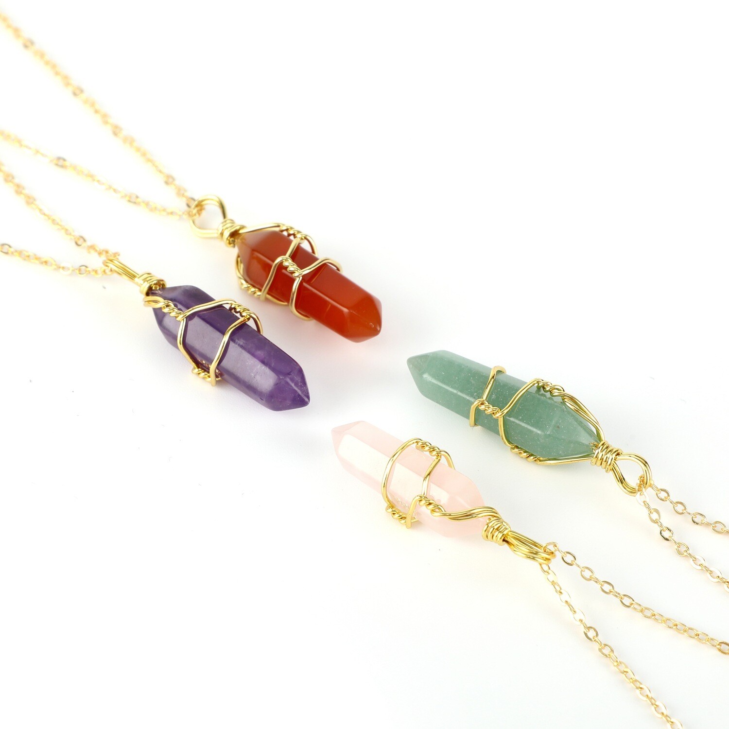Natural Crystal Hexagonal Column Pendant Gold Necklace With Chain