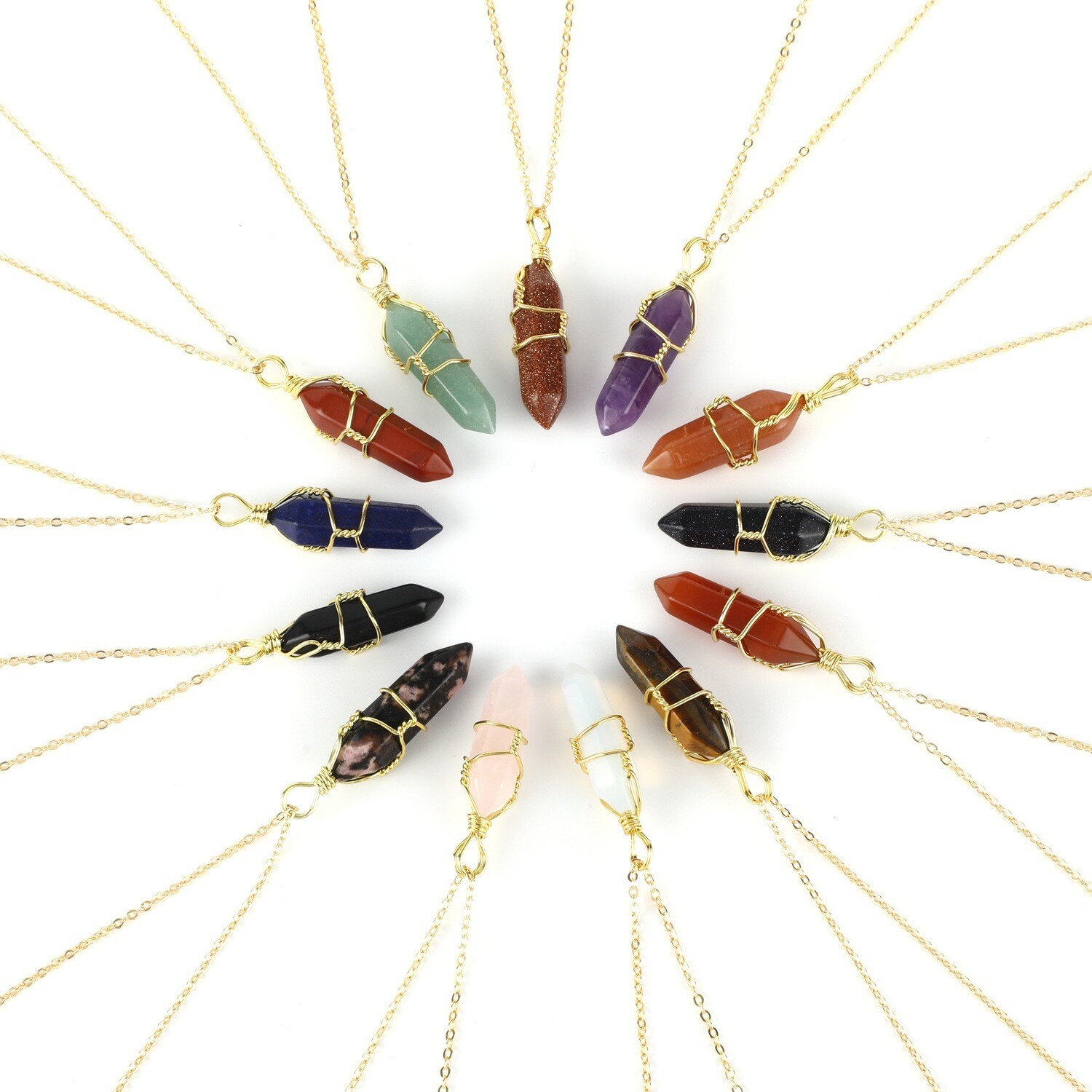 Natural Crystal Hexagonal Column Pendant Gold Necklace With Chain