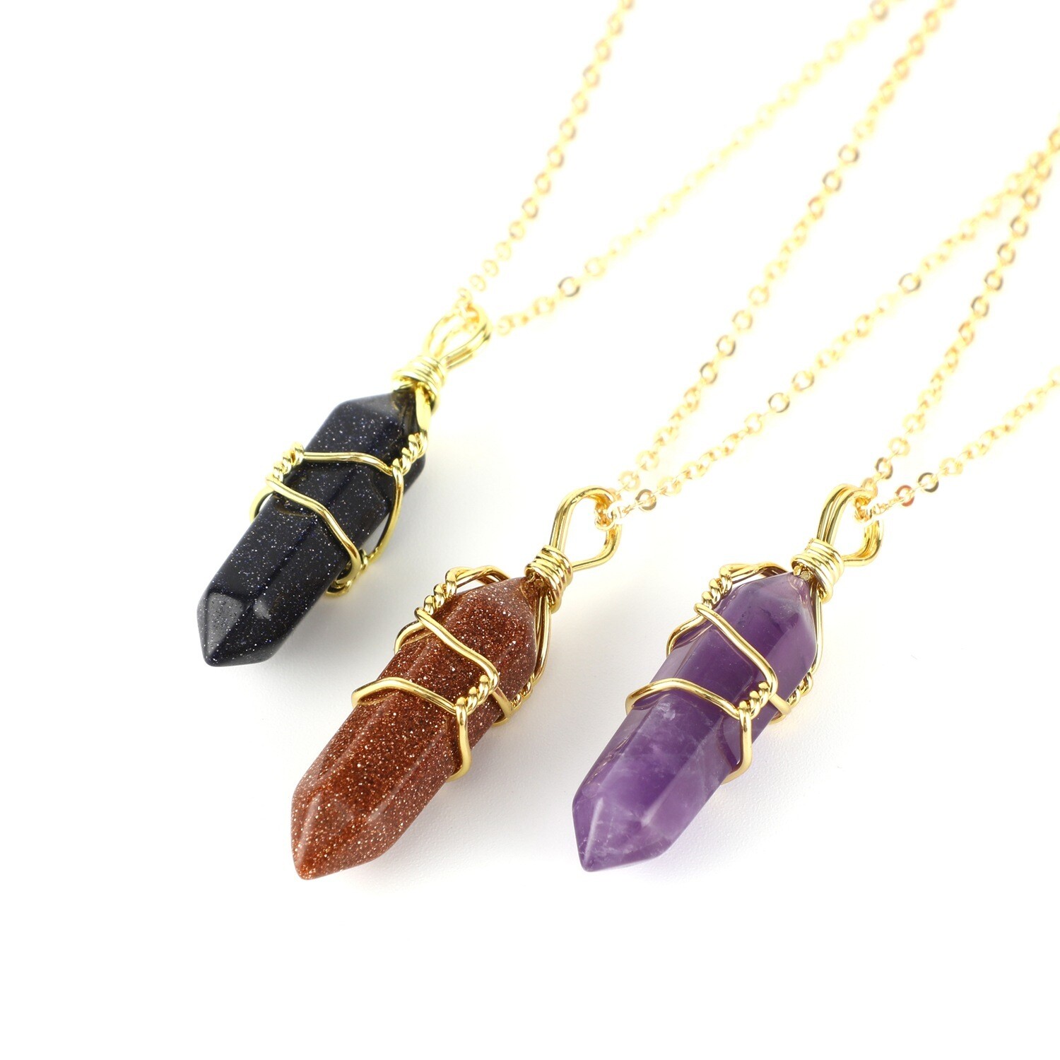 Natural Crystal Hexagonal Column Pendant Gold Necklace With Chain