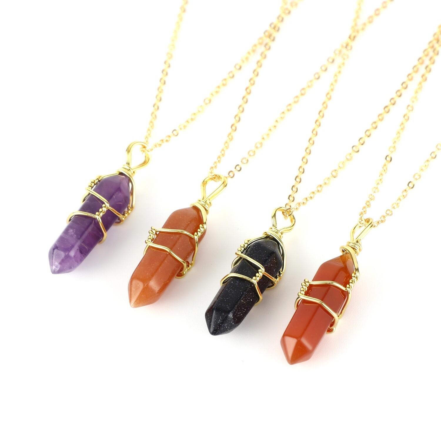 Natural Crystal Hexagonal Column Pendant Gold Necklace With Chain