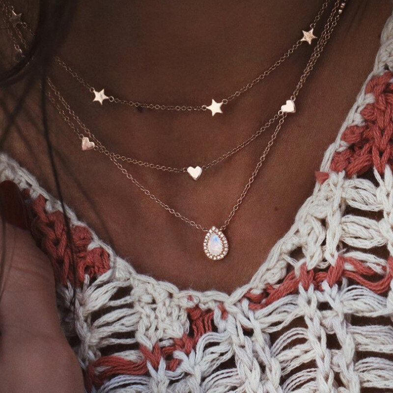 Full Diamond Drop Necklace Simple Retro Star Peach Heart Multi-layer Clavicle Chain