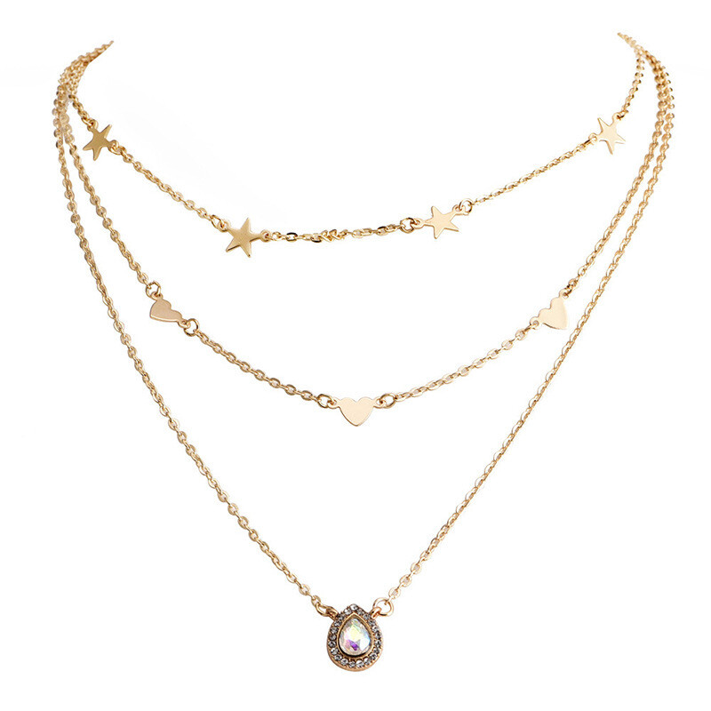 Full Diamond Drop Necklace Simple Retro Star Peach Heart Multi-layer Clavicle Chain, Color: Golden