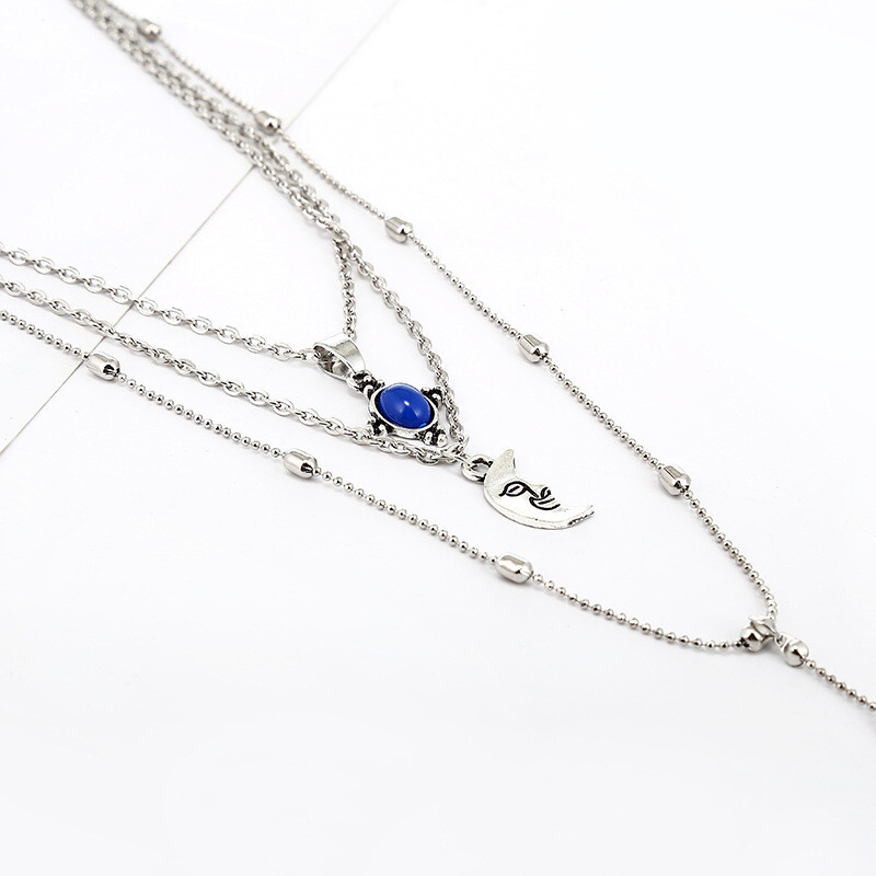  Multi-layer Necklace, Sapphire Moon Pendant, Tassel Necklace, Female Clavicle Chain,