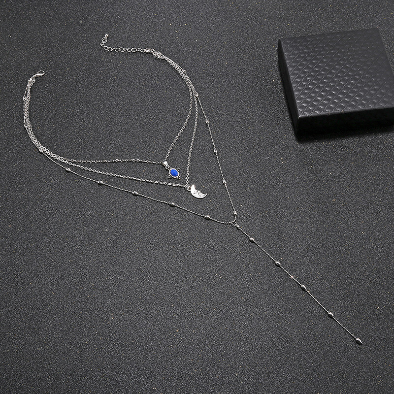  Multi-layer Necklace, Sapphire Moon Pendant, Tassel Necklace, Female Clavicle Chain,