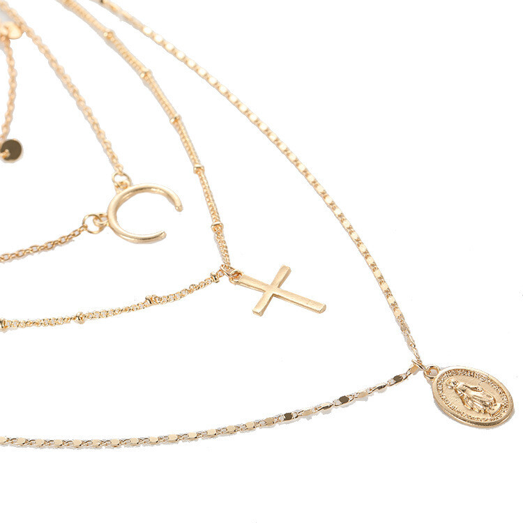 New Products Simple Necklace Crescent Cross Small Round Piece 4 Layer Chain Necklace