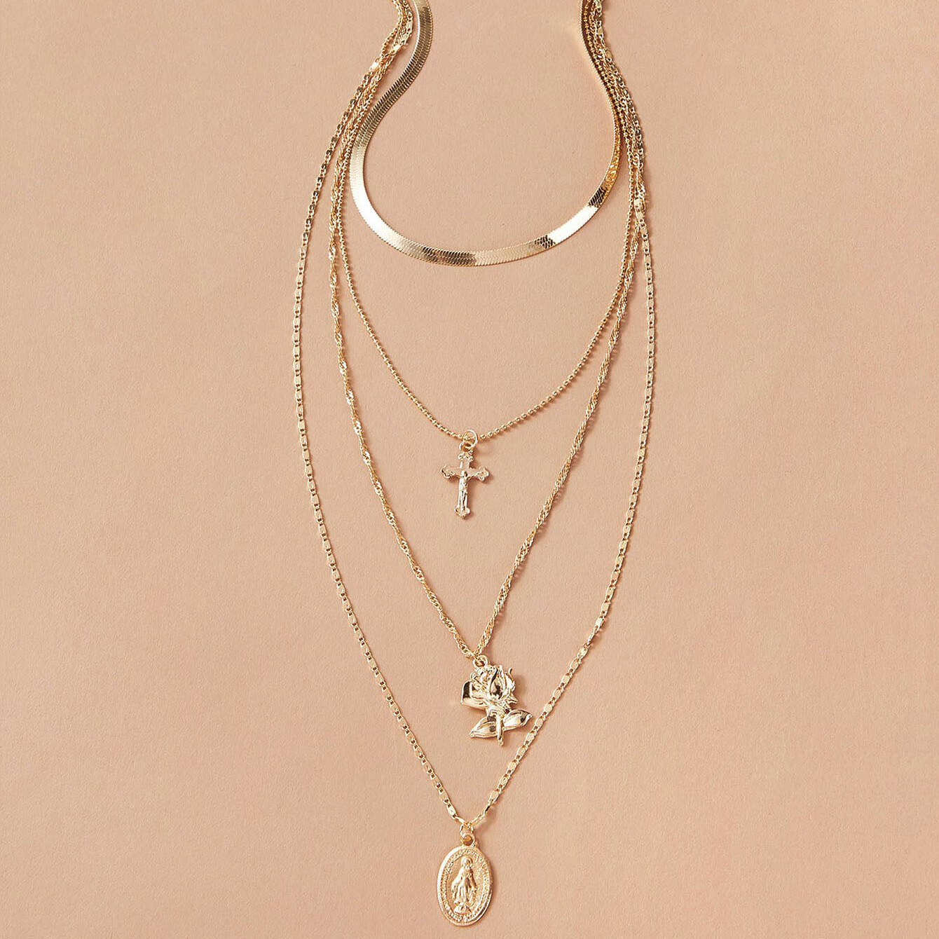 2022 New European And American Accessories Rose Flower Alloy Pendant Necklace Multi-layer Clavicle Cross Necklace