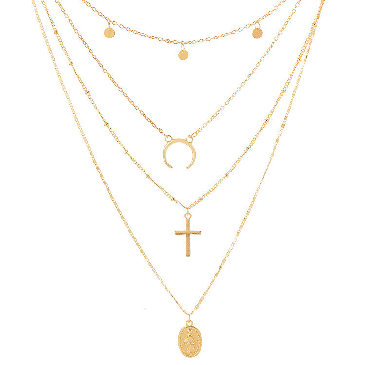 New Products Simple Necklace Crescent Cross Small Round Piece 4 Layer Chain Necklace, Color: Picture section