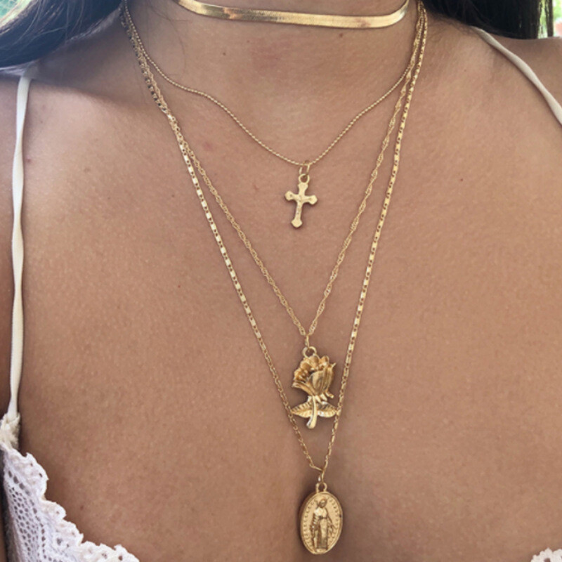 2022 New European And American Accessories Rose Flower Alloy Pendant Necklace Multi-layer Clavicle Cross Necklace