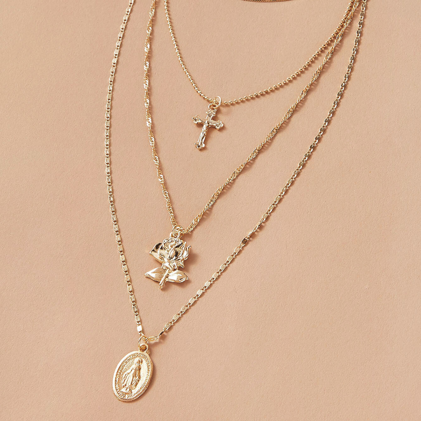 2022 New European And American Accessories Rose Flower Alloy Pendant Necklace Multi-layer Clavicle Cross Necklace
