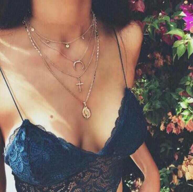 New Products Simple Necklace Crescent Cross Small Round Piece 4 Layer Chain Necklace