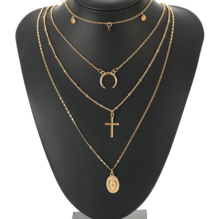 New Products Simple Necklace Crescent Cross Small Round Piece 4 Layer Chain Necklace