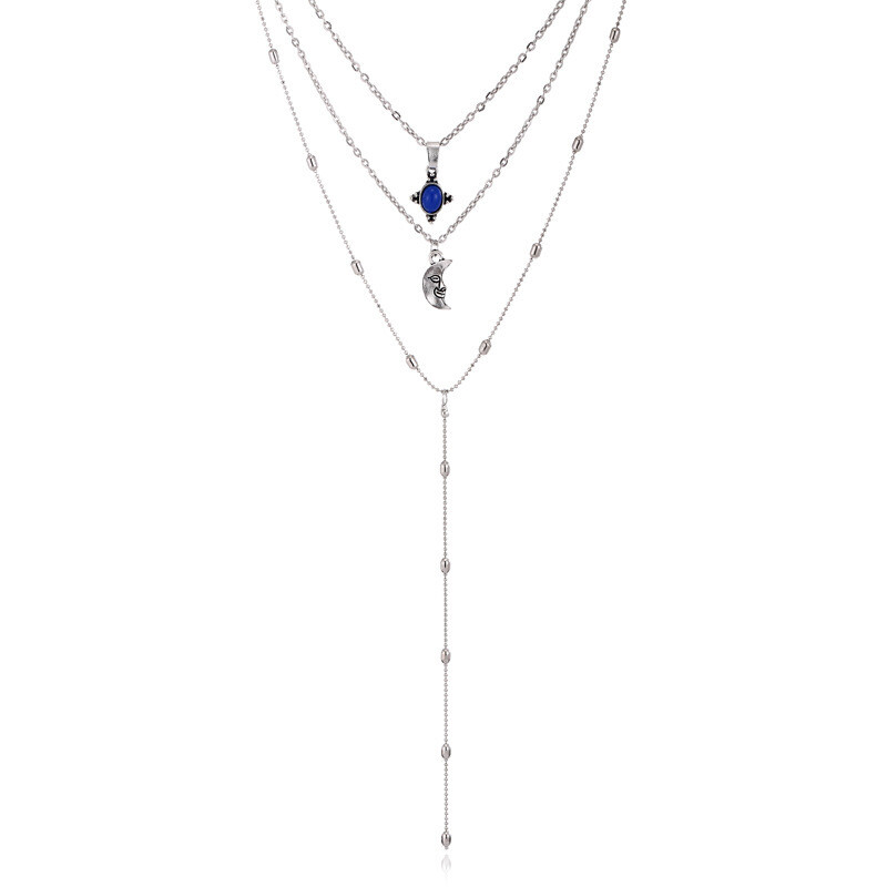  Multi-layer Necklace, Sapphire Moon Pendant, Tassel Necklace, Female Clavicle Chain,, Color: N37