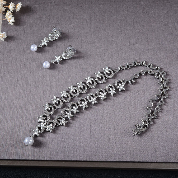Bridal Jewelry Earrings Necklace Two-pieceRhinestone Pearl Set Wedding Crown Headdress Accessories