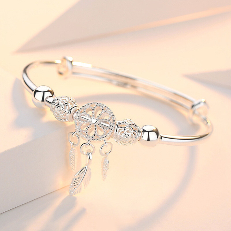 Bell Hollow Dream Catcher Feather Silver Adjustable Bracelet