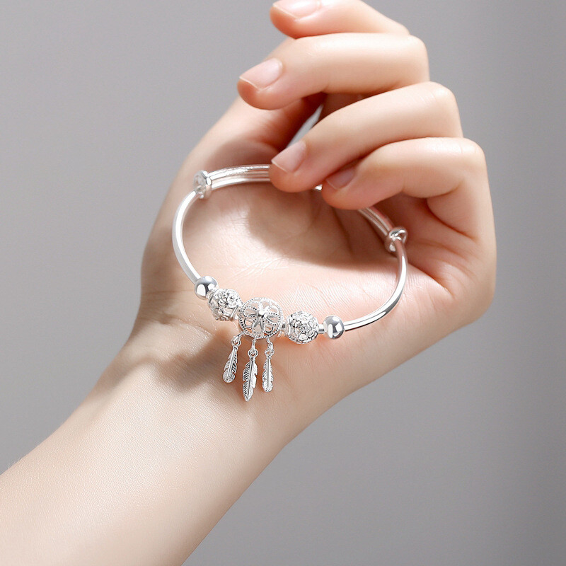 Bell Hollow Dream Catcher Feather Silver Adjustable Bracelet