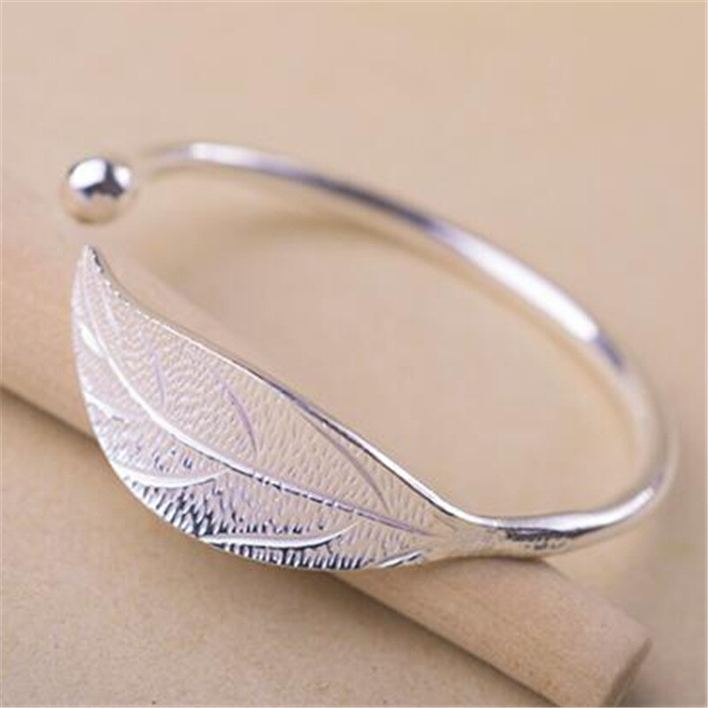 Bell Hollow Dream Catcher Feather Silver Adjustable Bracelet, Color: Leaves and leaves