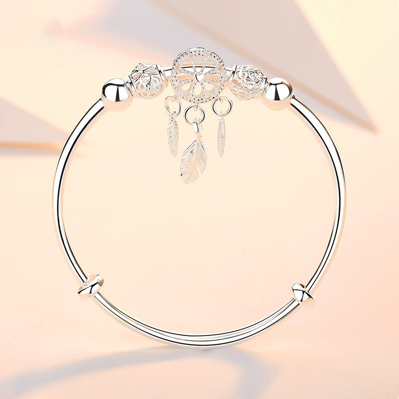 Bell Hollow Dream Catcher Feather Silver Adjustable Bracelet