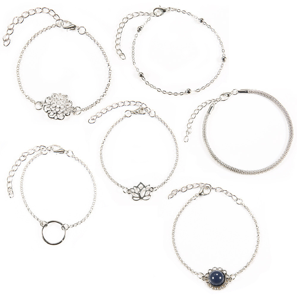 Simple Lotus Leaf Round Stone Flower Piece Bead Chain Trendy Fashion Bracelet Set