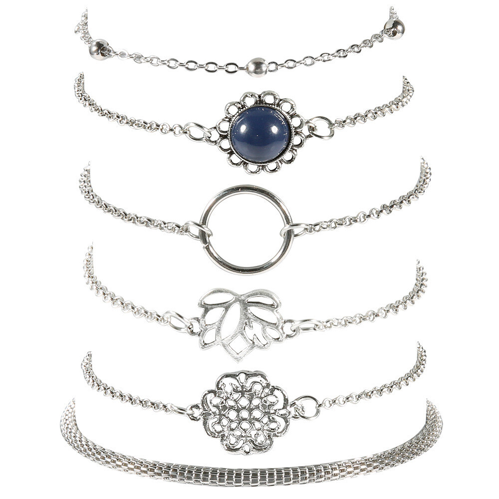 Simple Lotus Leaf Round Stone Flower Piece Bead Chain Trendy Fashion Bracelet Set